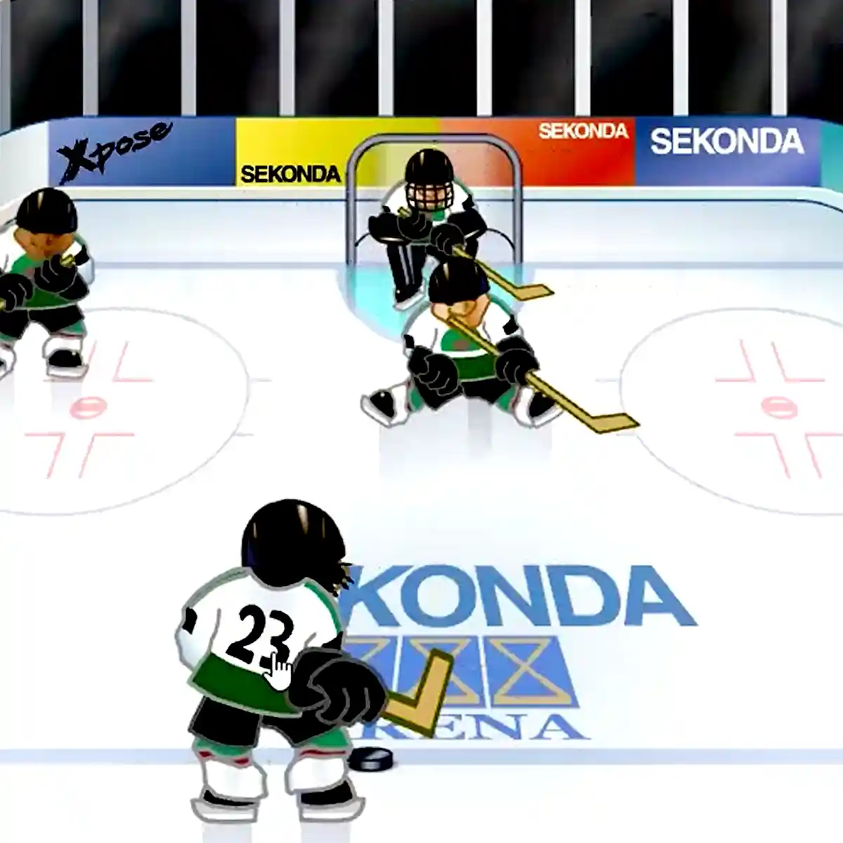 Hockey players battle for the puck. Sekonda Superleague action