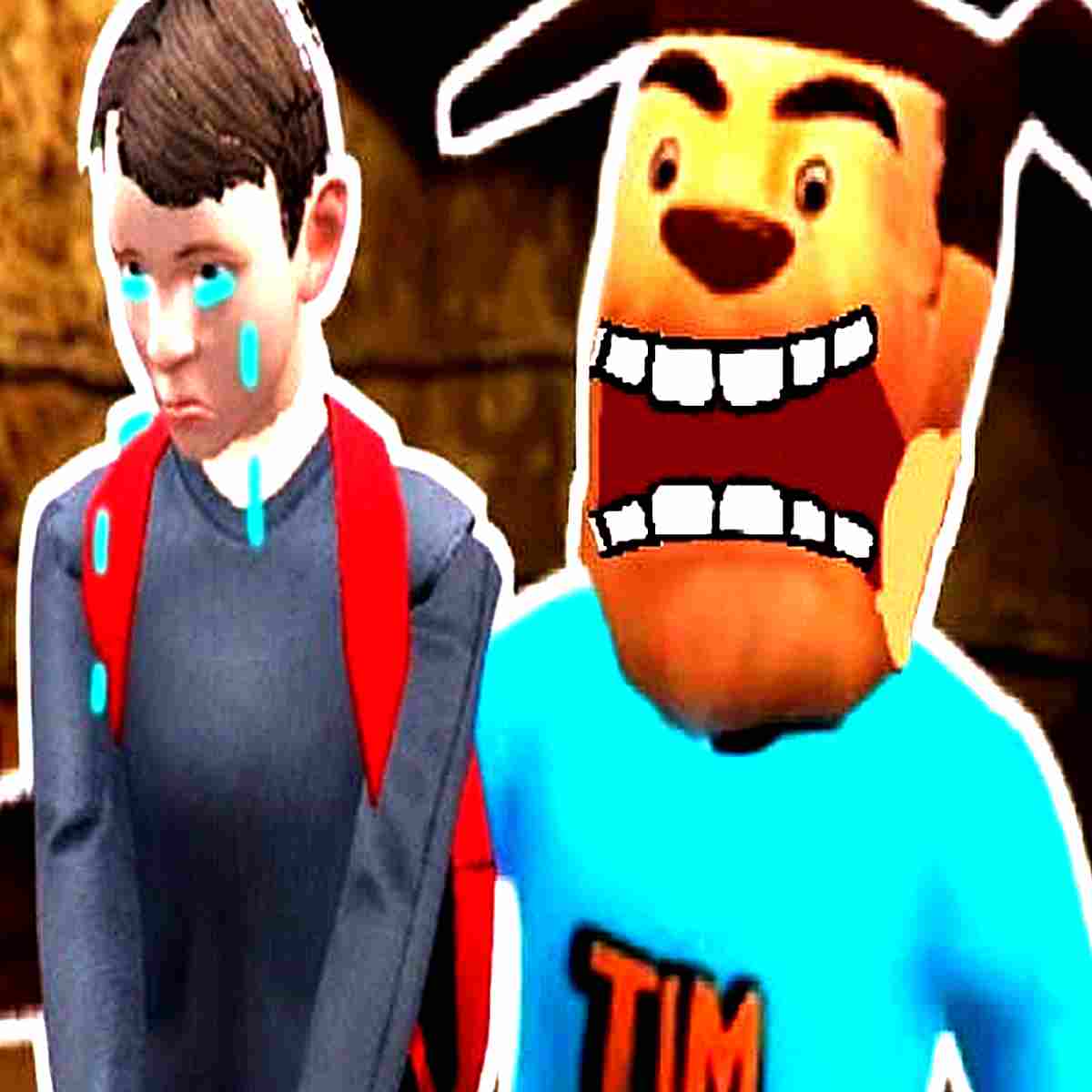 Bloody Nightmare, Animated man with tears, standing next to a character with a huge grin.
