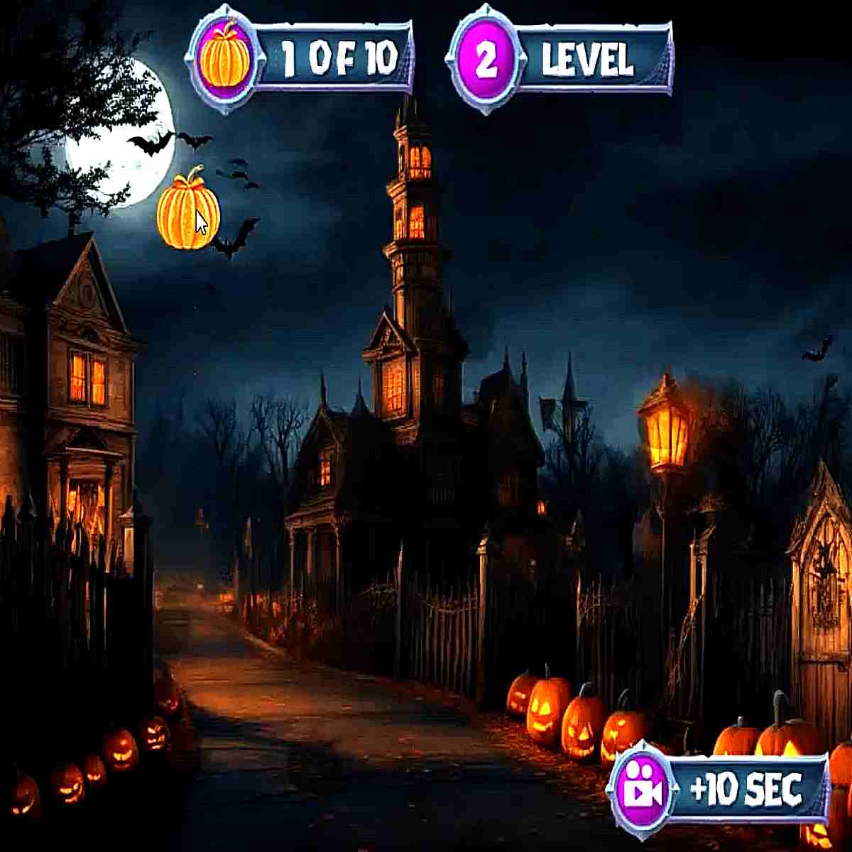 Spooky haunted house under a full moon with glowing jack-o'-lanterns. - Spooky Halloween Hidden Pumpkin