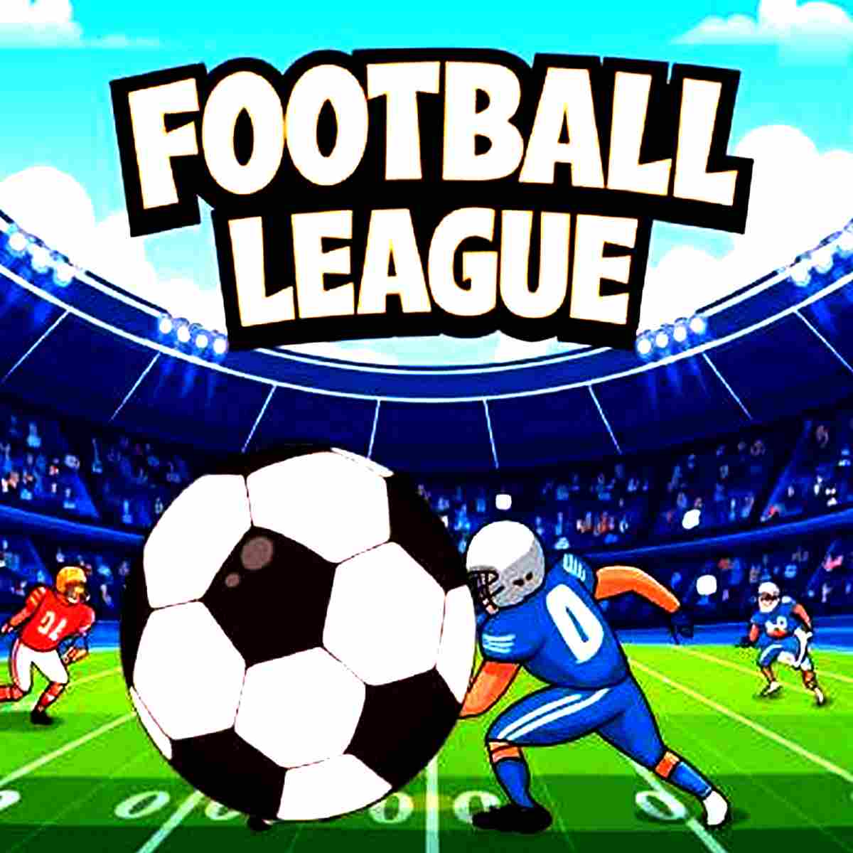 Illustrated stadium scene featuring a large football and athletes from a Football League Game