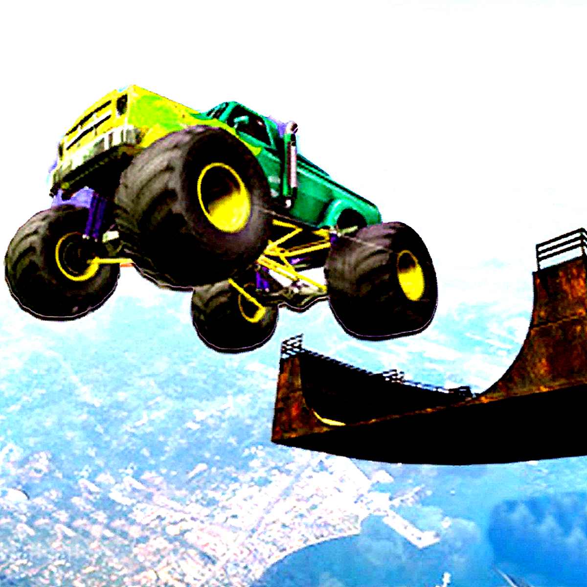 Monster truck airborne, soaring off of a ramp in Maga Ramp Monster Truck