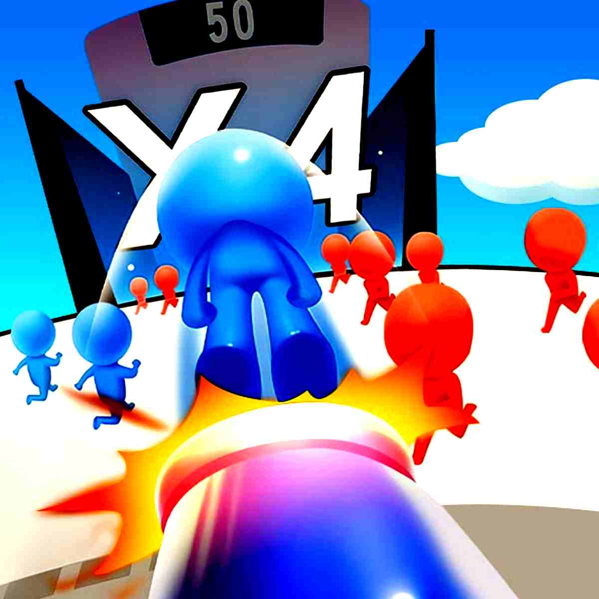 Fast-paced action game: a blue figure rockets through a multiplier in Mob Control Shoot