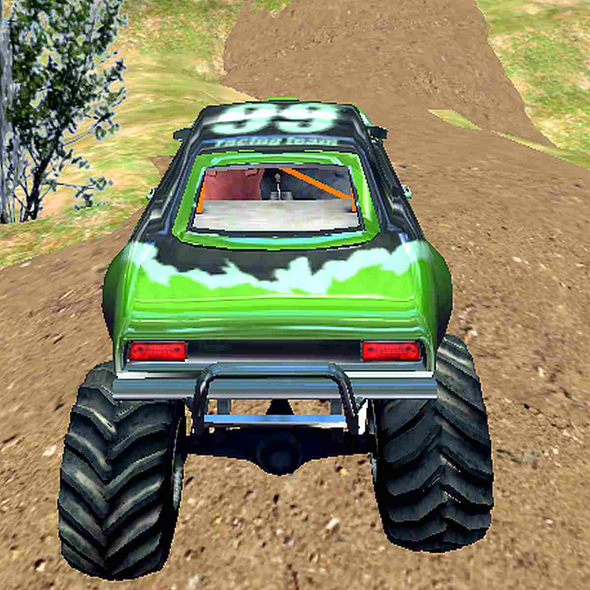 Rugged Monster 4x4 Offroad Jeep tackles challenging dirt trail with ease.