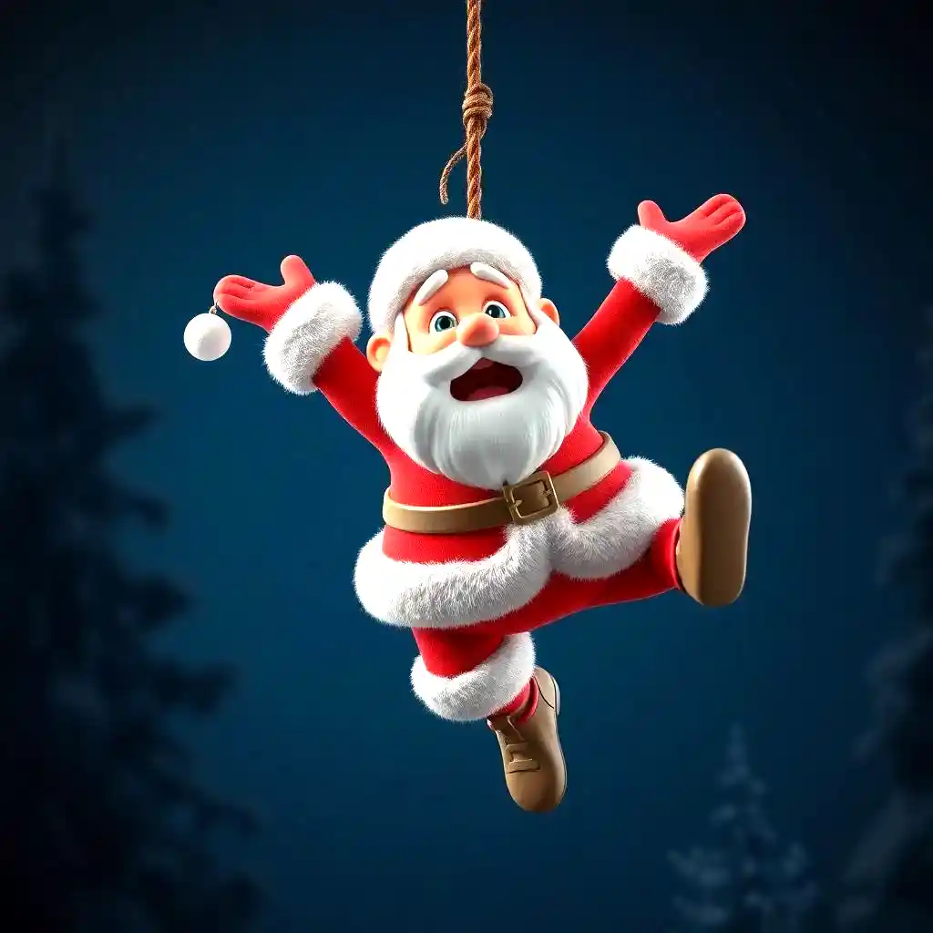 Scared Santa hanging by a rope in Gibbets Santa in Trouble