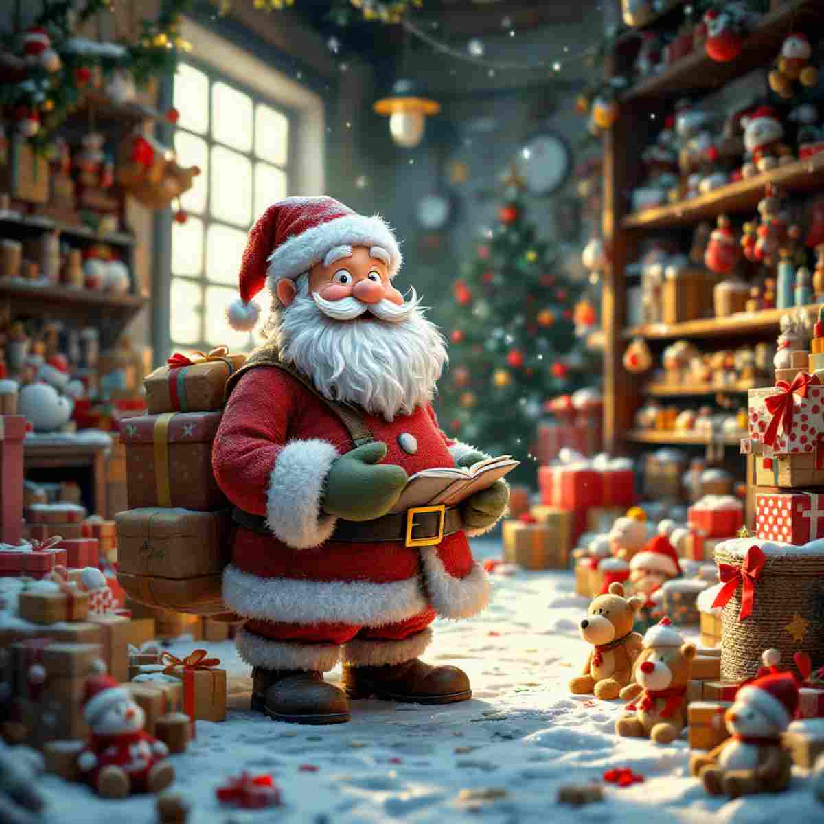 Santa checks his list from his busy workshop in the Idle Santa Factory.