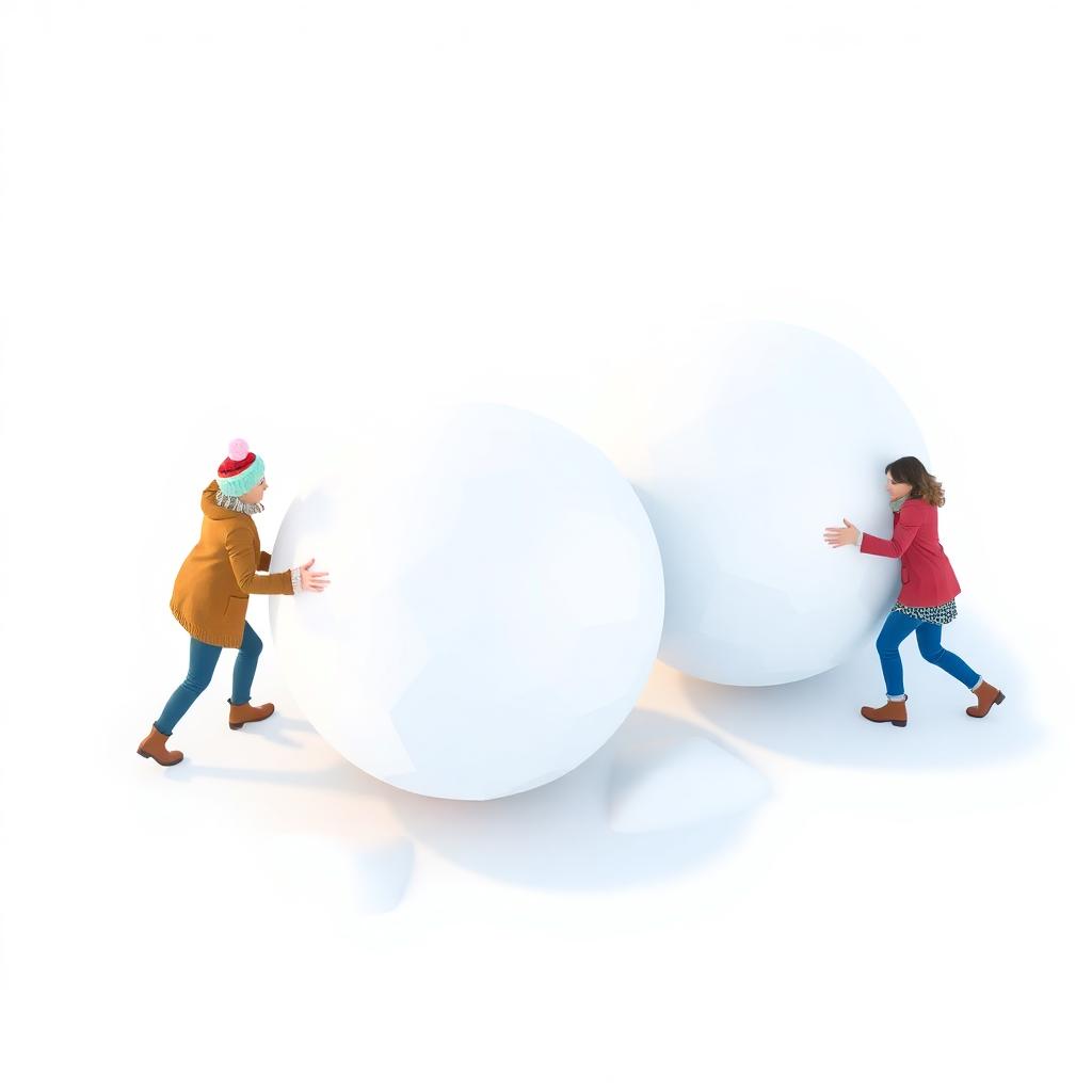 Two people push large white balls in a snow race in Snow Race 3d Fun Racing