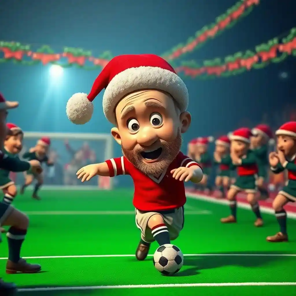Soccer player reacts to Santa in a helicopter from Super Soccer Noggins Christmas