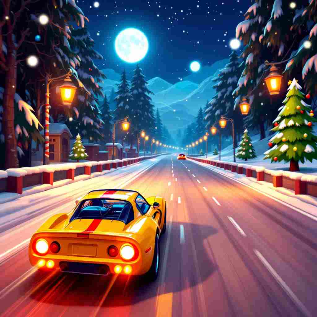 Sports car speeds down snowy road in Xmas Rush. Christmas trees line the street