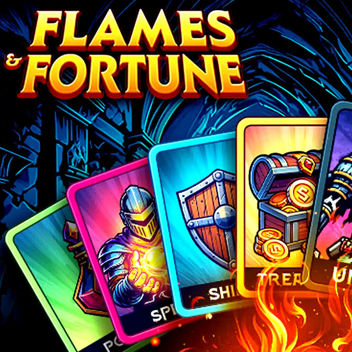 Exciting cards from the game "Flames and Fortune" featuring colorful designs and vivid graphics.