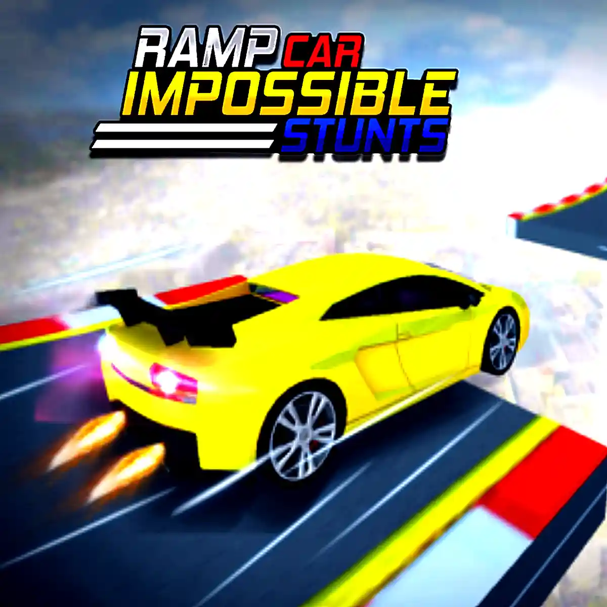A sports car, racing towards a stunt ramp, in Ramp Car Impossible Stunts