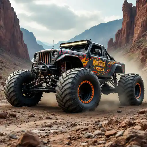A offroading Monster Truck Drive down a steep road