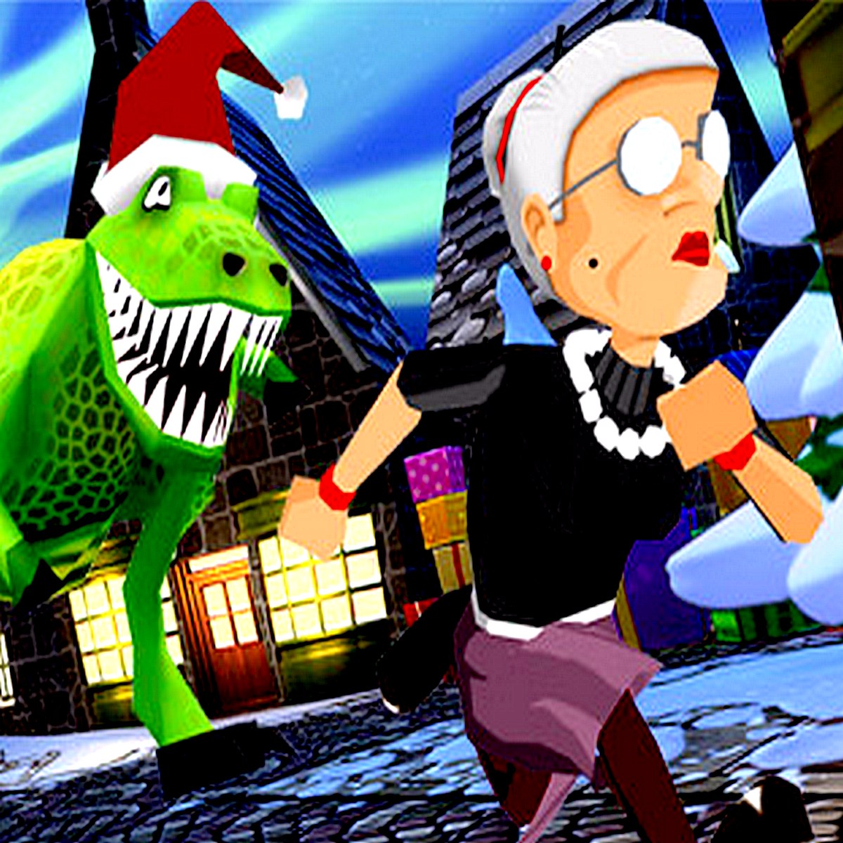 Grandma races a Christmas dinosaur in Angry Gran Run Xmas Village!