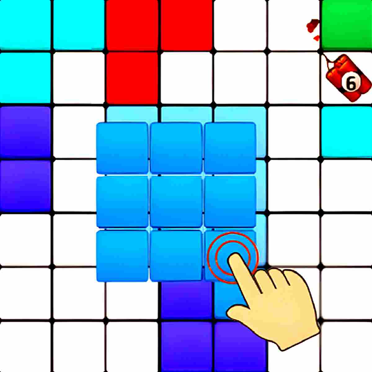 A tile puzzle game shows a hand interacting with blue blocks in Block Puzzle Master