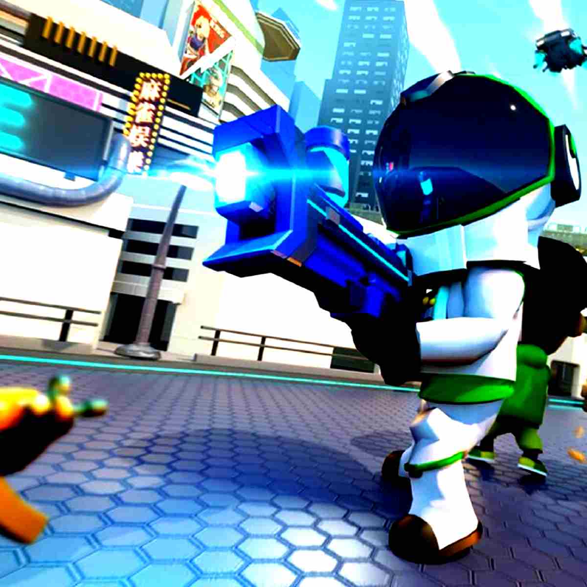 Futuristic city battle in Bullet Heroes: A tiny astronaut blasts foes with a powerful laser gun.