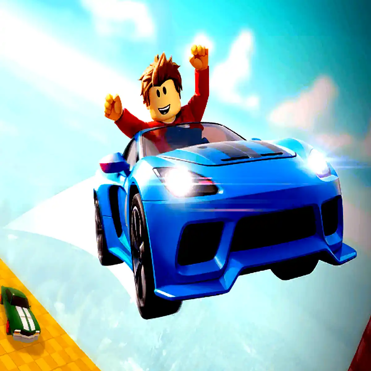 Obby a Roblox character is caught in mid-jump while driving a flashy blue car.