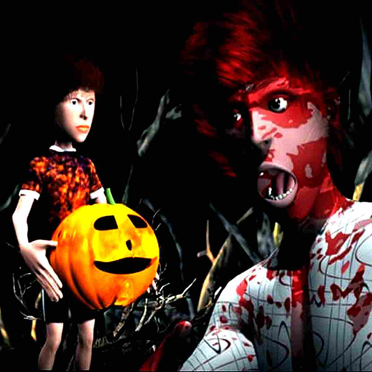 A haunting scene of animated figures in the dark woods of a game called Halloween Hoops