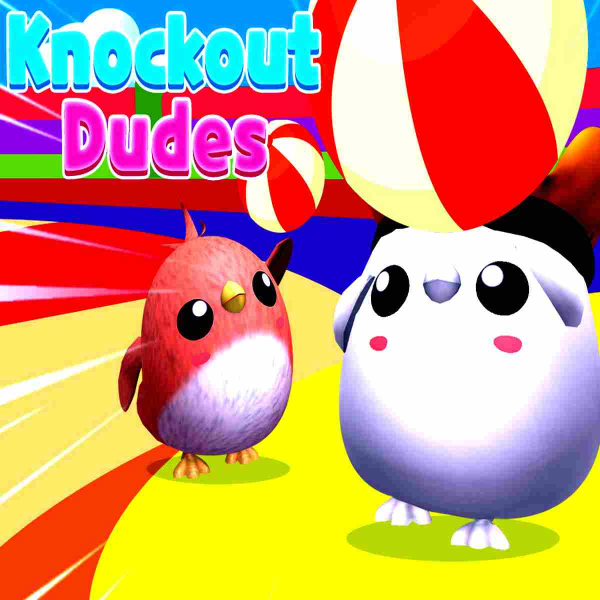Adorable birds race each other in Knockout Dudes from an obstacle courrse fillled with beach balls in a colourful adventure