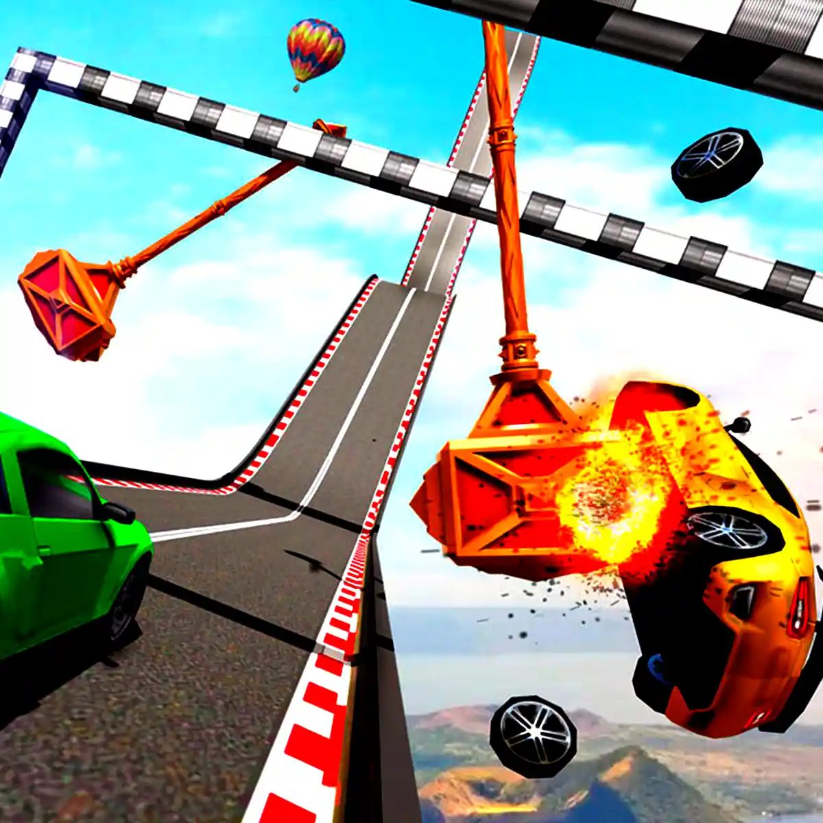 Mega Ramp Car a explosion erupts as a car collides with the crane