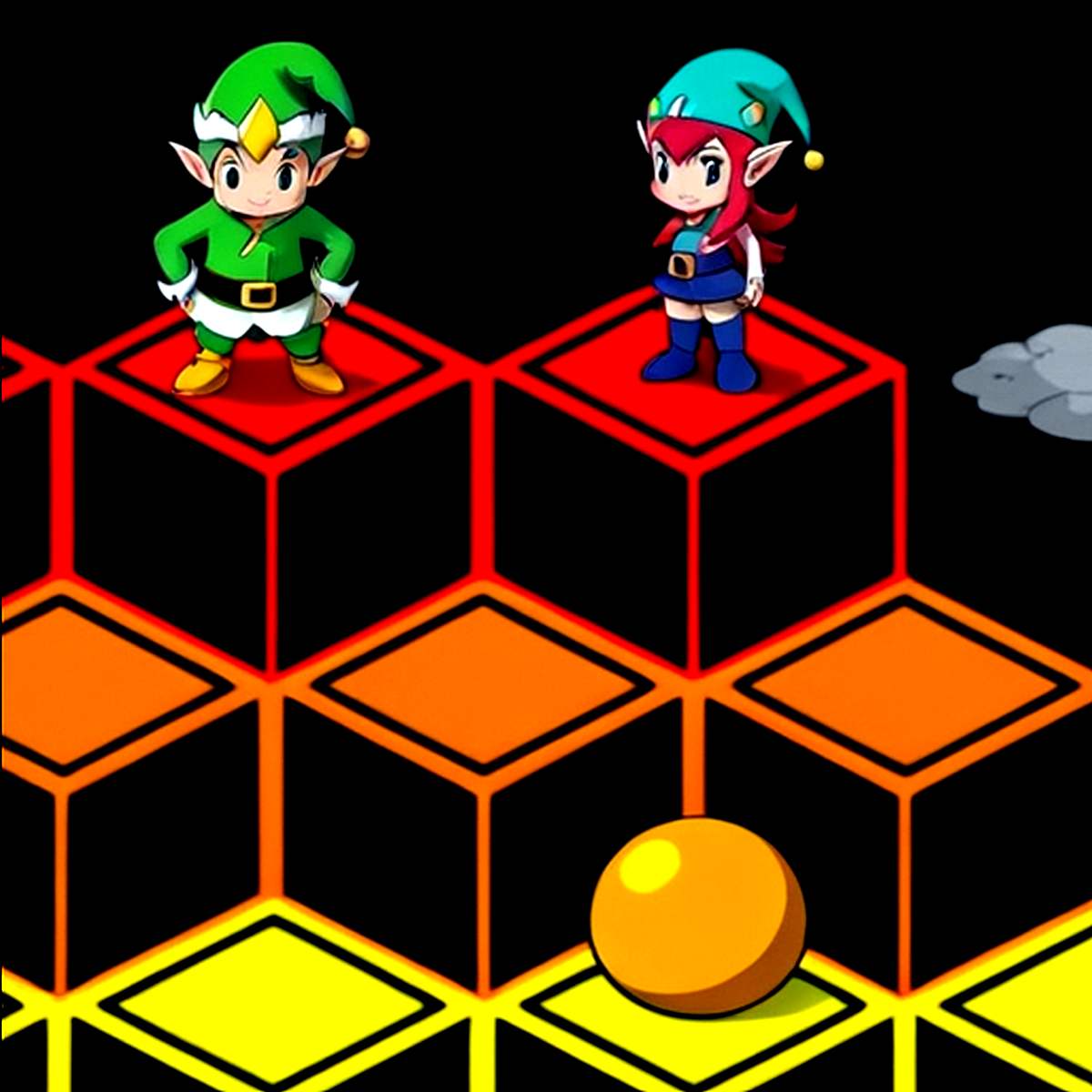 Two elves navigate a colorful, cube-shaped maze from Over the Rainbow!