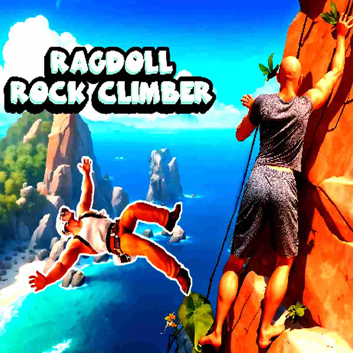 Cartoon figure falls from a cliff with an ocean backdrop in Ragdoll Rock Climber.