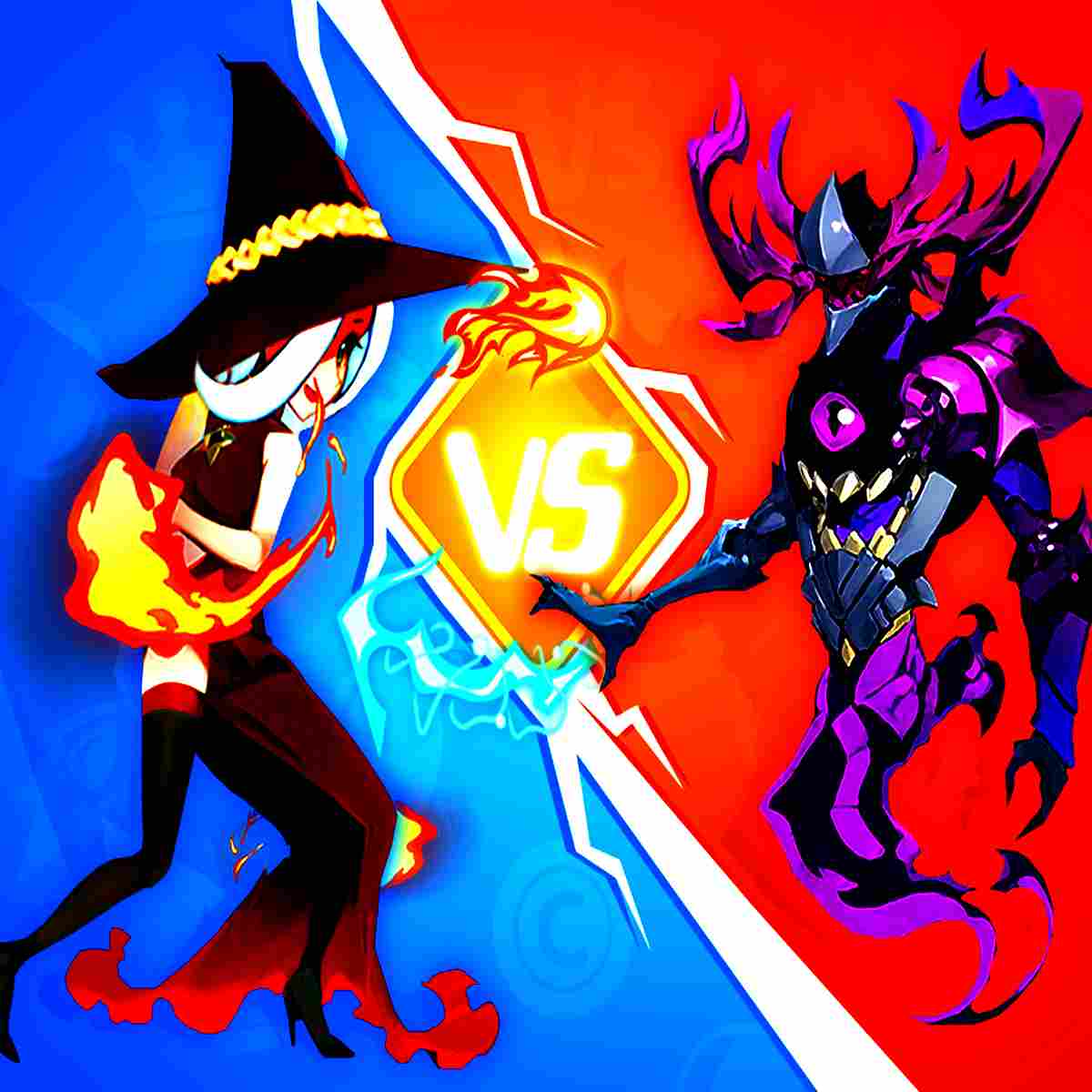 Animated witch and dark creature face off in an epic battle game called Shadow Fighter