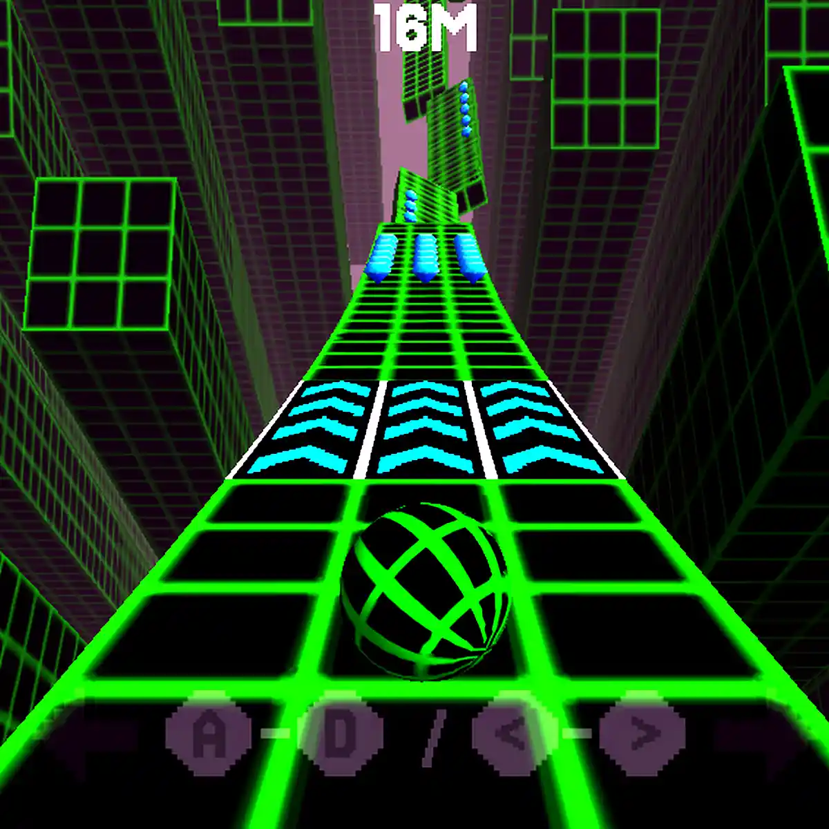 Slope 3D gameplay: A ball rolls down a neon track