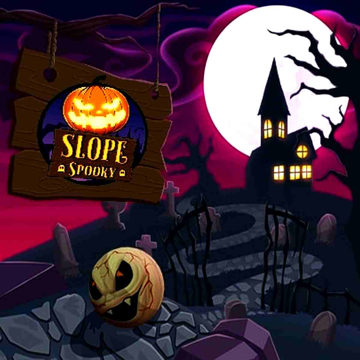 Spooky Halloween night with a haunted house and jack-o'-lantern sign. from Slope Spooky Game