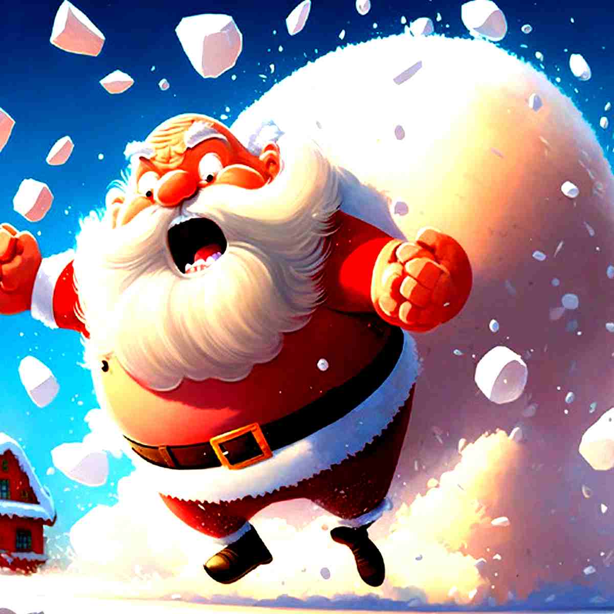 Santa struggles with a giant sack of gifts in Snowball Destroyer !