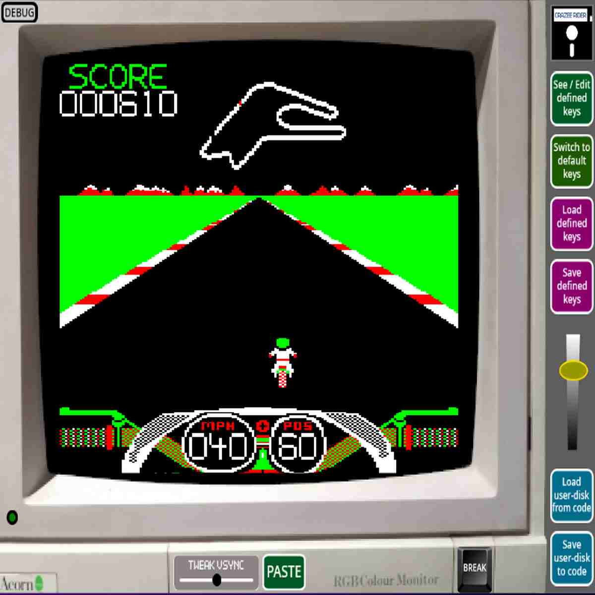 Retro racing game on an Acorn computer. Simple graphics, high score shown from The Family Emulator