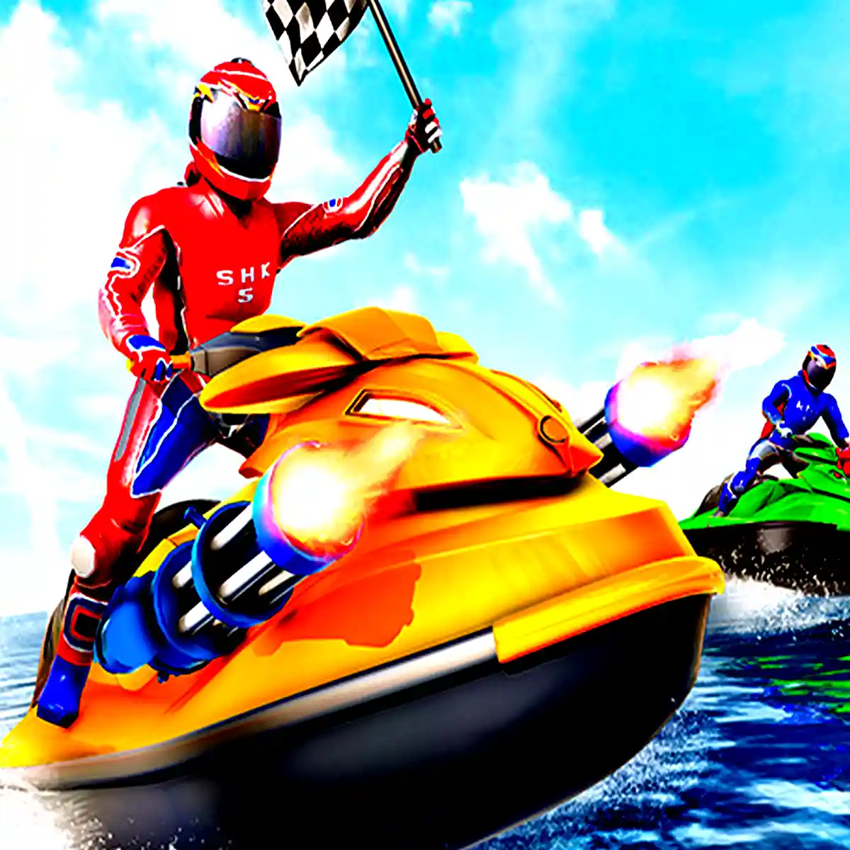 The winner of the Water Boat races, waves the checkered flag